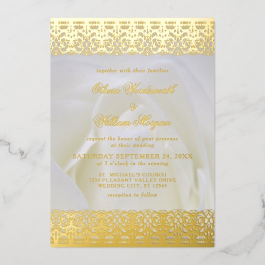 Invitation En Aluminium Rose blanche Elegant Mariage de dentelle or (Recto)
