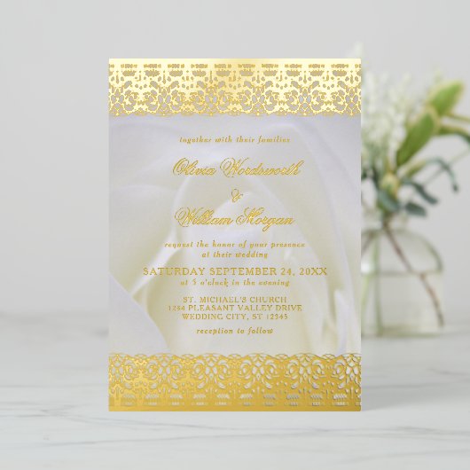 Invitation En Aluminium Rose blanche Elegant Mariage de dentelle or (Debout devant)