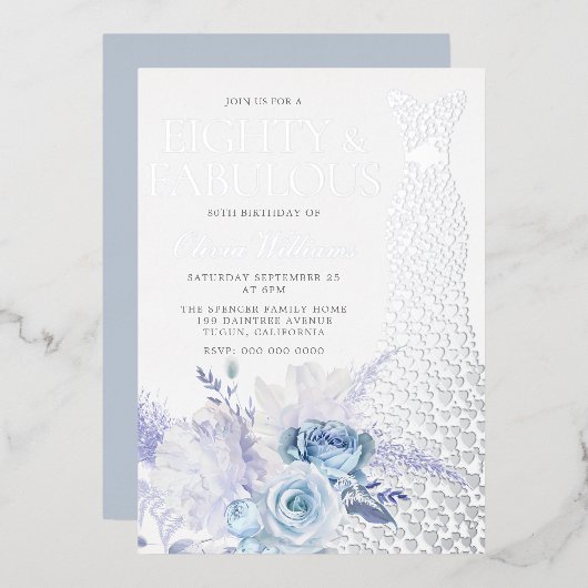 Invitation En Aluminium Rose bleu 80e anniversaire fête Argent (Recto/Verso)