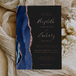 Invitation En Aluminium Rose bleu de la marine moderne Mariage d'âge or<br><div class="desc">Le bord gauche de cette élégante faire-part de mariage moderne est orné d'une bordure en aquarelle bleu marine ornée d'une parties scintillant en or rose. Le texte personnalisable combine écriture manuscrite, copperplate et polices italiques en papier or rose sur un arrière - plan non noir. L'envers est assorti d'une agate...</div>