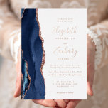 Invitation En Aluminium Rose bleu de la marine moderne Mariage d'âge or<br><div class="desc">Le bord gauche de cette élégante faire-part de mariage moderne est orné d'une bordure en aquarelle bleu marine ornée d'une parties scintillant en or rose. Le texte personnalisable combine écriture manuscrite, copperplate et polices italiques en feuille d'or rose sur un arrière - plan blanc. L'envers est assorti d'une agate bleu...</div>
