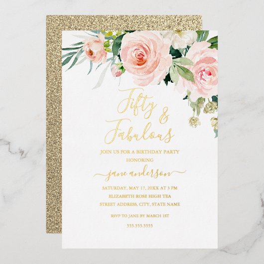 Invitation En Aluminium Rose Blush Floral 50 & Fabuleux Anniversaire (Recto/Verso)