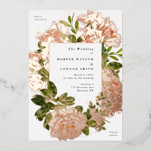 Invitation En Aluminium Rose chatoyant Gold Romance Mariage aquarelle (Devant)