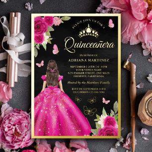 Invitation En Aluminium Rose Chaud Floral Papillon Noir Quinceanera Or