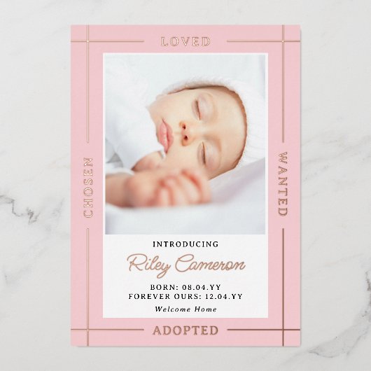 Invitation En Aluminium Rose Choisi Aimé Introduire Adopté Fille Bébé (Recto)