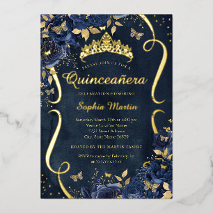 Invitation En Aluminium Rose de la marine Floral Butterfly Tiara Quinceane