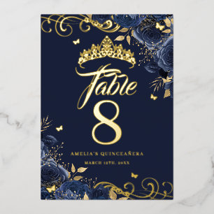 Invitation En Aluminium Rose de la Marine Swirl Quinceanera Gold Table Num