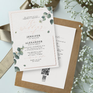 Invitation En Aluminium Rose de mariage rustique Eucalyptus & code QR RSVP
