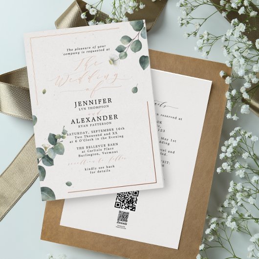 Invitation En Aluminium Rose de mariage rustique Eucalyptus & code QR RSVP