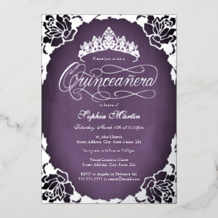 Invitation En Aluminium Rose de script élégant en argent violet Quinceaner