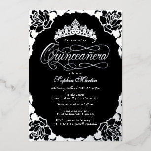 Invitation En Aluminium Rose de script élégant Silver Black Quinceanera