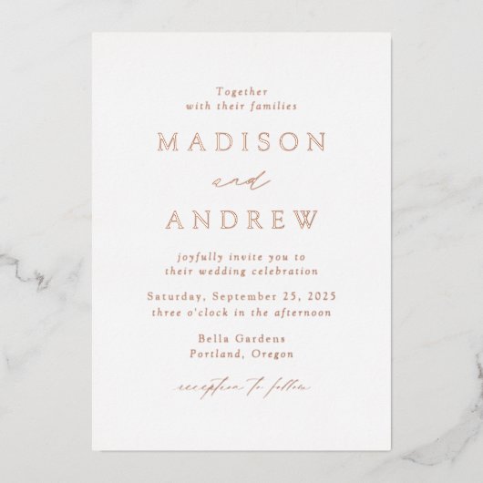 Invitation En Aluminium Rose d'or Elegance moderne Mariage (Recto)