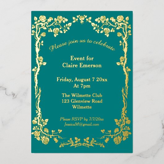 Invitation En Aluminium Rose dorée verte et or Art nouveau (Recto)