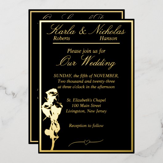 Invitation En Aluminium Rose, Elégant Mariage noir, Gold Full (Recto/Verso)