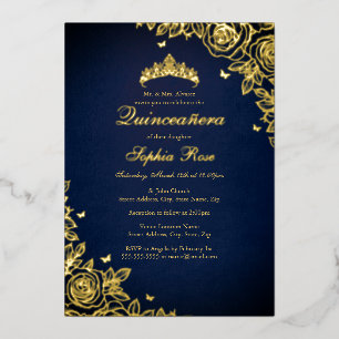 Invitation En Aluminium Rose en feuille d'or Navy Quinceanera Anniversaire