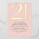 Invitation En Aluminium Rose et or | 21e anniversaire des femmes<br><div class="desc">Invitations de style moderne 21ème anniversaire avec un grand cap "50" en véritable feuille métallique. Les détails de votre événement sont imprimés ci-dessous en noir mat. Or accents sur un rose clair féminin.</div>