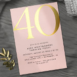 Invitation En Aluminium Rose et or | Elegant Womens 40th Birthday<br><div class="desc">Invitations de style moderne 40ème anniversaire avec titre "40" texte en vrai papier métallique. Les détails de votre événement sont imprimés en noir mat. Or accents sur un arrière - plan rose clair féminin.</div>