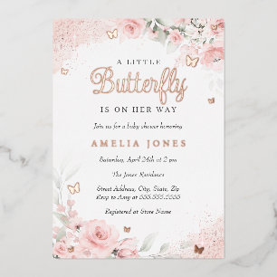 Invitation En Aluminium Rose Fardée Papillon Baby Shower