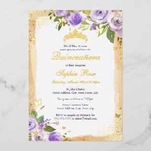 Invitation En Aluminium Rose Fleur de Quinceanera Papillon Violet Or
