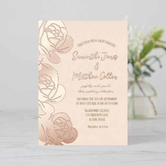 Invitation En Aluminium Rose Floral Boho Blush Pink Gold Mariage (Debout devant)
