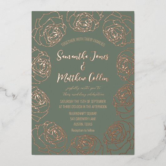 Invitation En Aluminium Rose Floral Boho Sage Green Gold Foil Mariage (Recto)