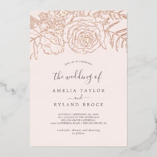 Invitation En Aluminium Rose Floral Doré Blush Le Mariage De (Recto)