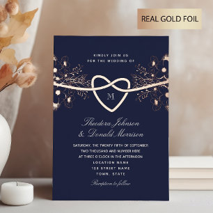 Invitation En Aluminium Rose floral doré Mariage bleu marine