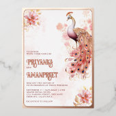 Invitation En Aluminium Rose Floral Indien Peacock Mariage Rose or (Recto)