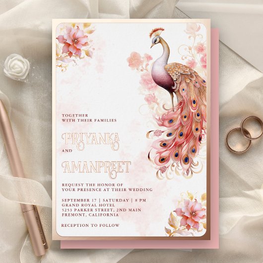 Invitation En Aluminium Rose Floral Indien Peacock Mariage Rose or