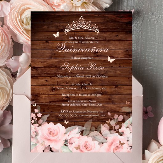 Invitation En Aluminium Rose floral rustique Beurre d'or Quinceanera
