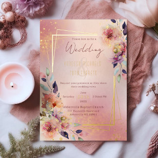 Invitation En Aluminium Rose Florale Aquarelle Rose Pâle Cadre Doré