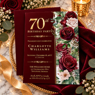 Invitation En Aluminium Rose florale de vin bordeaux élégante pour 70e ann