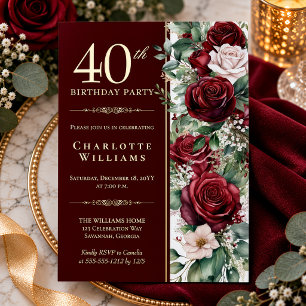 Invitation En Aluminium Rose florale de vin de Bourgogne élégante pour 40e