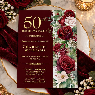 Invitation En Aluminium Rose florale de vin de Bourgogne élégante pour 50e