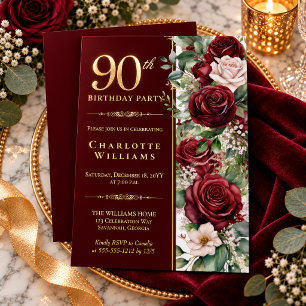 Invitation En Aluminium Rose florale de vin de Bourgogne élégante pour 90e