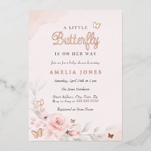 Invitation En Aluminium Rose Florale Papillon Baby Shower