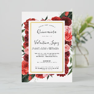 Invitation En Aluminium Rose Florale Rouge Moderne Quinceanera Or