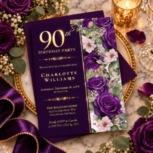 Invitation En Aluminium Rose Florale Violette Élégante 90e Anniversaire