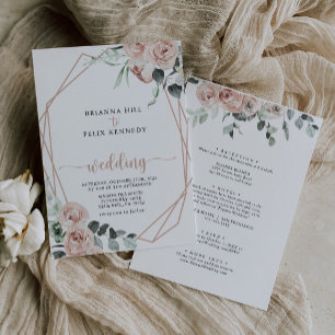 Invitation En Aluminium Rose géométrique or floral recto & verso mariage