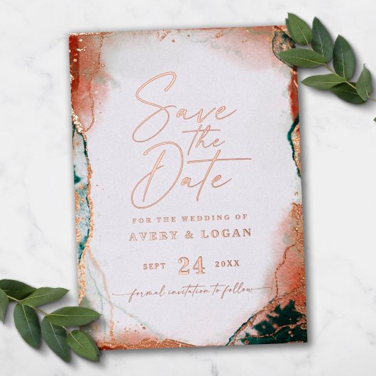 Invitation En Aluminium Rose Gold Abstrait Moderne Teal Enregistrer la Dat