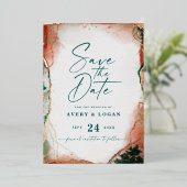 Invitation En Aluminium Rose Gold Abstrait Moderne Teal Enregistrer la Dat (Debout devant)