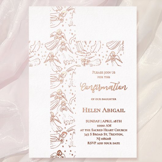Invitation En Aluminium rose gold angels pattern cross Confirmation