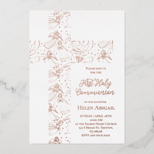 Invitation En Aluminium rose gold angels pattern cross First Communion (Recto)