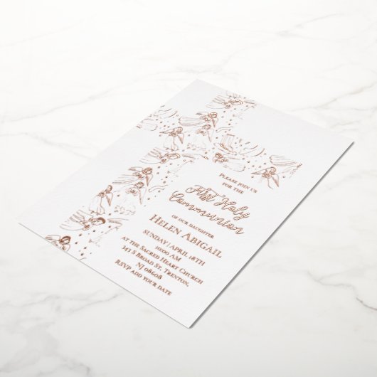Invitation En Aluminium rose gold angels pattern cross First Communion (Rotation)