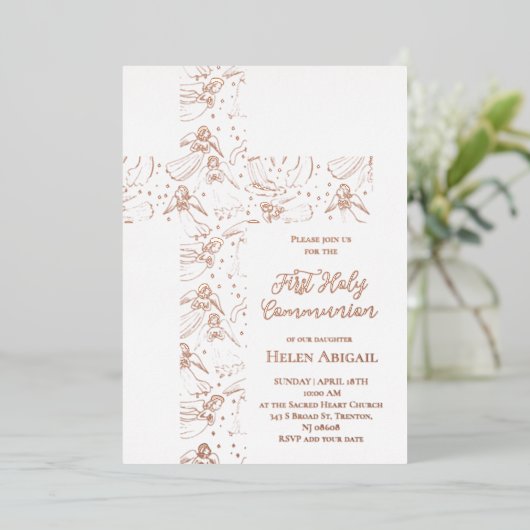 Invitation En Aluminium rose gold angels pattern cross First Communion (Debout devant)