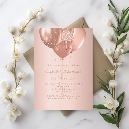 Invitation En Aluminium Rose gold balloons luxury birthday 