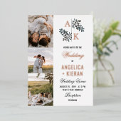 Invitation En Aluminium Rose Gold Blanc Floral Monogrammes Photos Mariage (Debout devant)