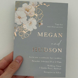 Invitation En Aluminium Rose Gold & Blush Fleur sauvage Mariage Dusty Blue