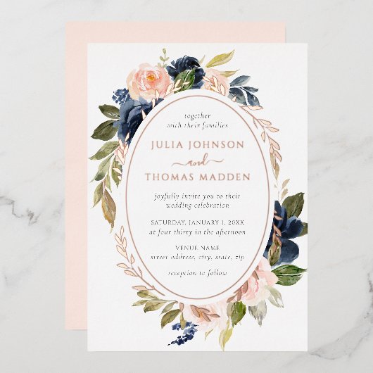 Invitation En Aluminium Rose Gold Blush Peach Marine Floral Mariage (Recto/Verso)