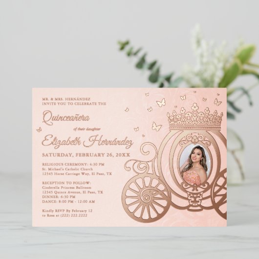 Invitation En Aluminium Rose Gold Blush rose Quinceanera Princesse Photo (Debout devant)